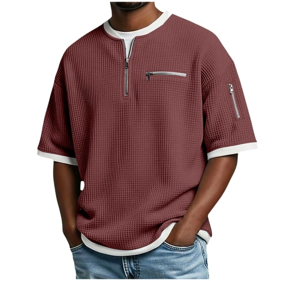 felwors Waffle Henley Shirts for Men Crew Neck Short Sleeve Shirts Tshirt Quarter Zip Pullover Sweatshirt with Zipper Pockets (Wine, XXXXL)