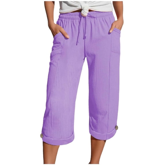 felwors Wide Leg Capri Pants for Women Plus Size Cotton Linen Bermuda Shorts Casual Summer Cropped Lounge Trousers Beach Pant (Purple, S)