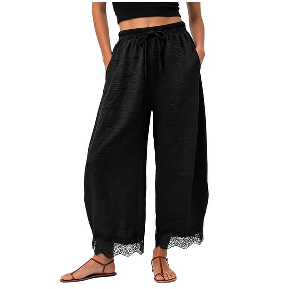 felwors Wide Leg Pants for Women Lace Trim Cropped Flowy Pants Waisted Drawstring Lightweight Trousers with Pockets Black for Size M