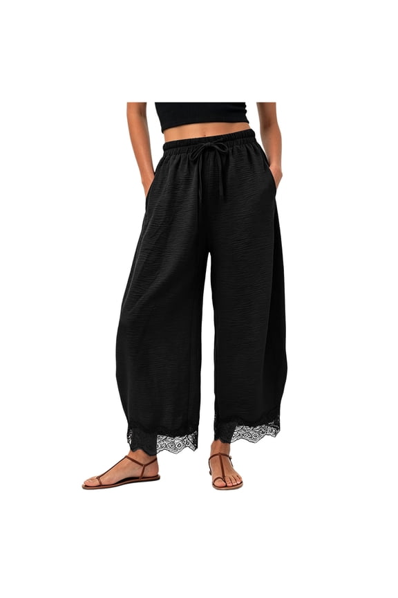 Wide Leg Pants for Women Lace Trim Cropped Flowy Pants Waisted Drawstring Lightweight Trousers with Pockets Black for Size M