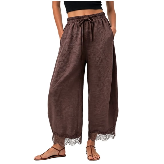 felwors Wide Leg Pants for Women Lace Trim Cropped Flowy Pants Waisted Drawstring Lightweight Trousers with Pockets Coffee for Size XL