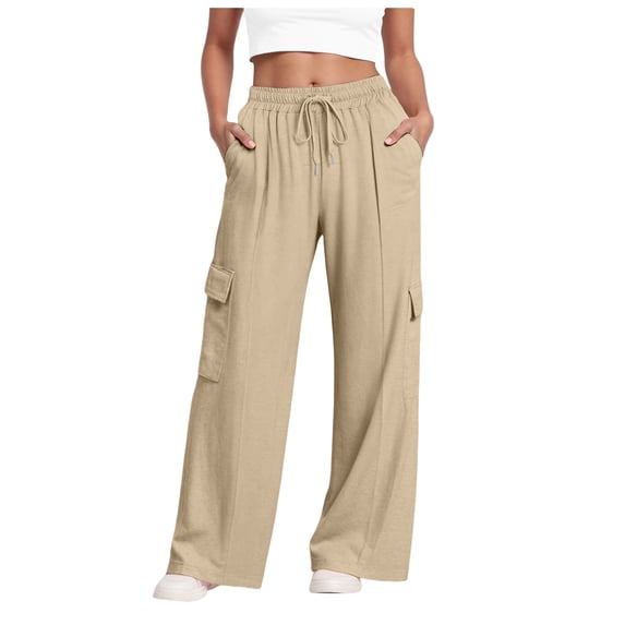 felwors Wide Leg Sweatpants Women Cargo Pants High Waisted Baggy Elastic Drawstring Pants Casual Athletic Joggers with 4 Pockets Khaki, XL
