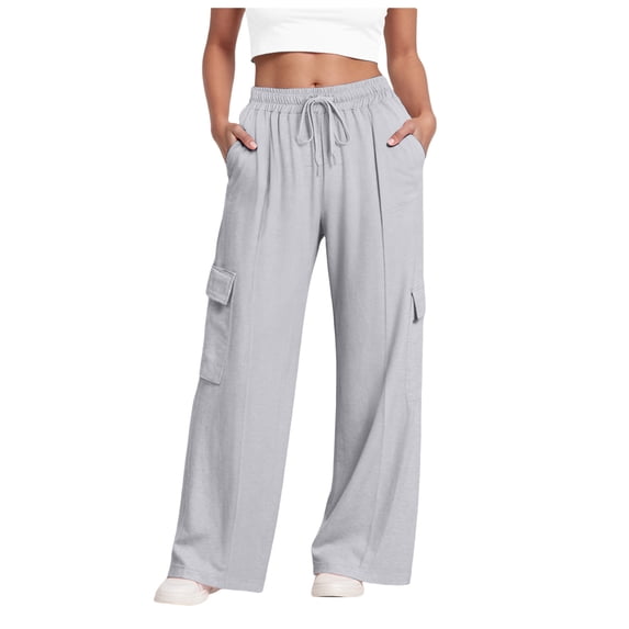 felwors Wide Leg Sweatpants Women Cargo Pants High Waisted Baggy Elastic Drawstring Pants Casual Athletic Joggers with 4 Pockets Light Gray, XXL