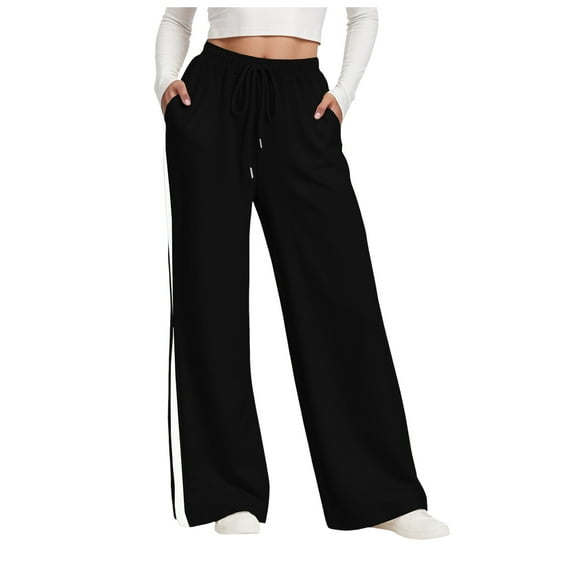 felwors Wide Leg Sweatpants Women Plus Size High Waisted Baggy Lounge Pants Drawstring Athletic Flared Joggers with Pockets Black, S