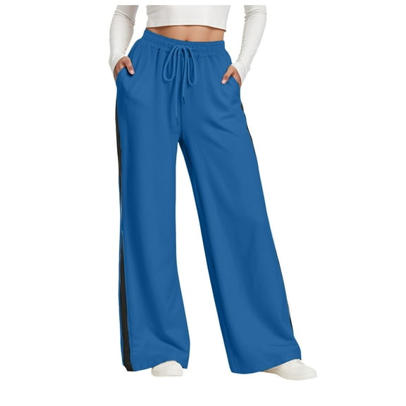 felwors Wide Leg Sweatpants Women Plus Size High Waisted Baggy Lounge Pants Drawstring Athletic Flared Joggers with Pockets Blue, XXL