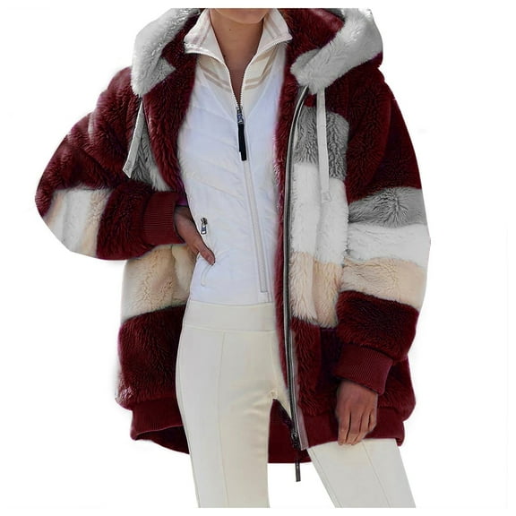 felwors Winter Coats for Women Fuzzy Fleece Jacket Hooded Color Block Patchwork Cardigan Coat Outerwear With Pocket Red, XL