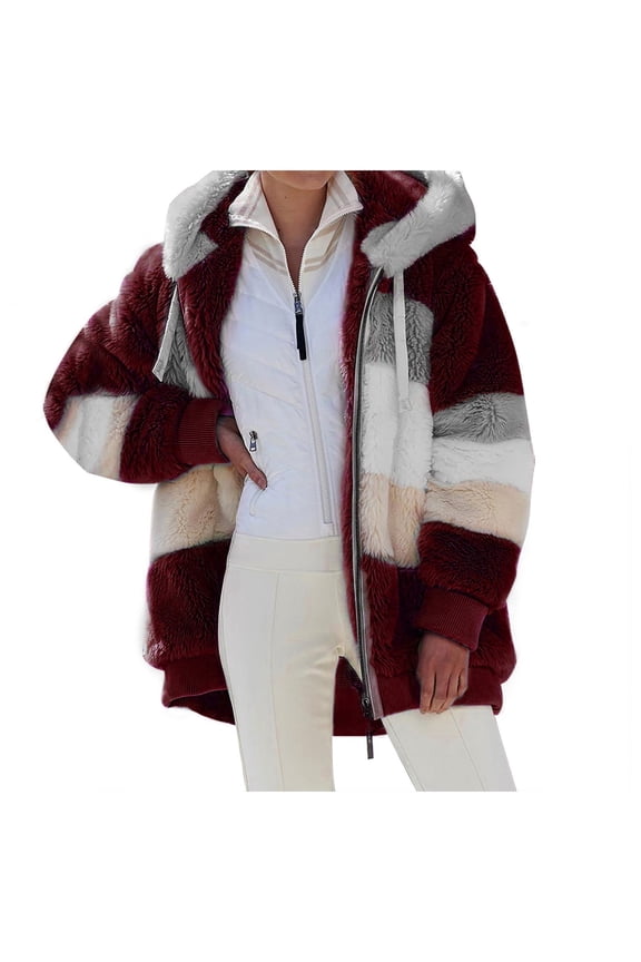 felwors Winter Coats for Women Fuzzy Fleece Jacket Hooded Color Block Patchwork Cardigan Coat Outerwear With Pocket Red, XXXXL