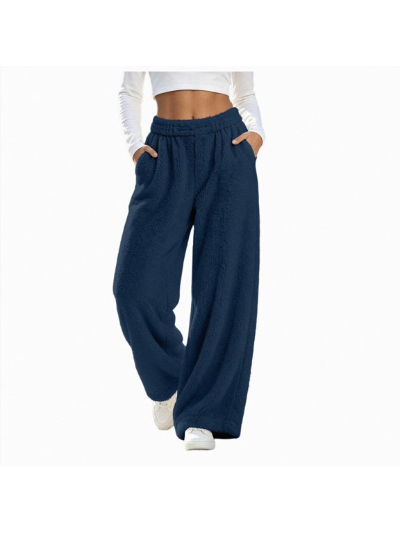 Winter Pants Women Fuzz Snow Puffy Baggy Elastic Waist Trousers, Fleece-Lined Warm Trousers for Snowy Days Freezing Temperatures (Dark Blue, XXL)