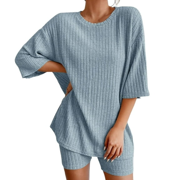 felwors Women 2 Piece Outfits Dressy Pajamas Lounge Set Ribbed Knit for Women Matching Tshirt Shorts Outfits Blue, L