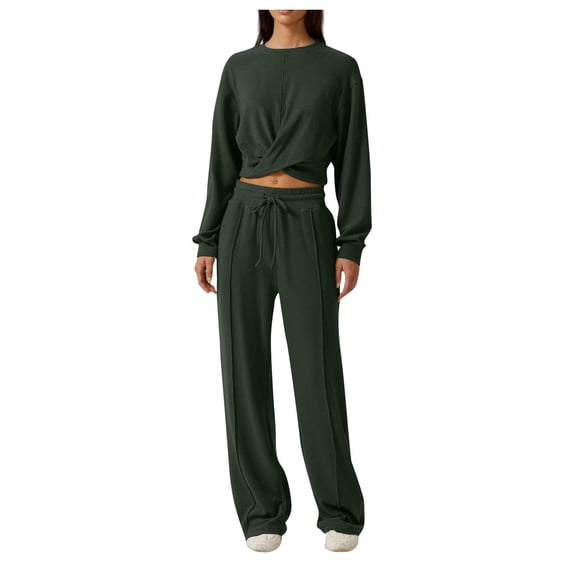 felwors Women 2 Piece Outfits Sweatsuit Set Twist Front Cropped Sweatshirt Wide Leg Sweatpant Lounge Set Tracksuit AG, M