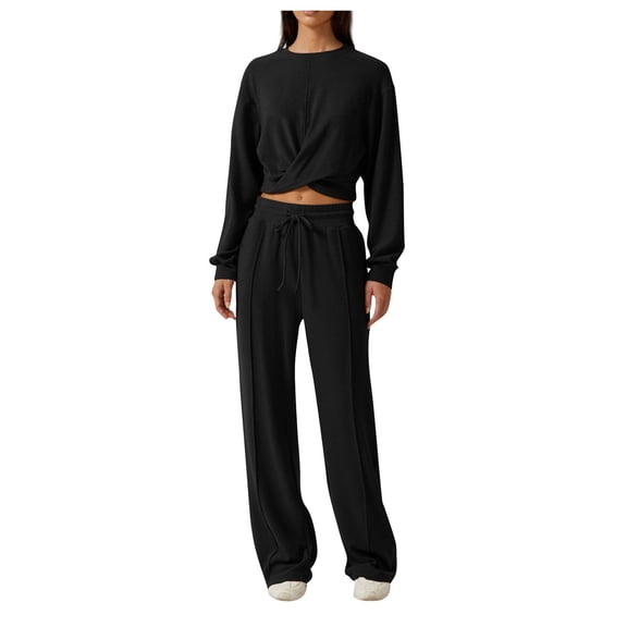 felwors Women 2 Piece Outfits Sweatsuit Set Twist Front Cropped Sweatshirt Wide Leg Sweatpant Lounge Set Tracksuit Black, S