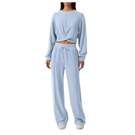 felwors Women 2 Piece Outfits Sweatsuit Set Twist Front Cropped Sweatshirt Wide Leg Sweatpant Lounge Set Tracksuit Blue, XL