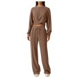 thumbnail image 1 of felwors Women 2 Piece Outfits Sweatsuit Set Twist Front Cropped Sweatshirt Wide Leg Sweatpant Lounge Set Tracksuit Brown, L, 1 of 5