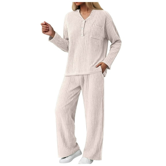 felwors Women 2 Piece Pajamas Sets Long Sleeve Casual Ribbed Lounge Set Fall Pj V Neck Loungewear Outfit Beige, XL