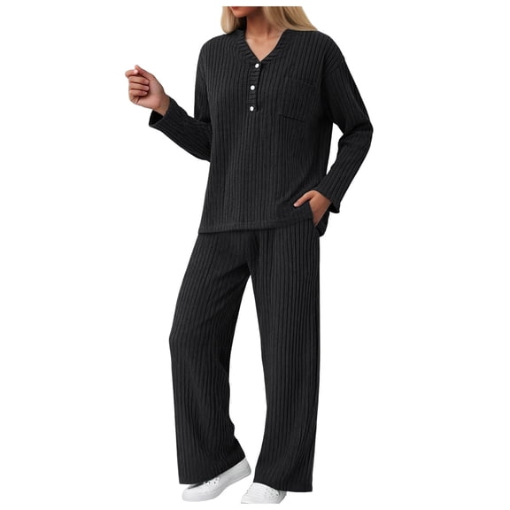 felwors Women 2 Piece Pajamas Sets Long Sleeve Casual Ribbed Lounge Set Fall Pj V Neck Loungewear Outfit Black, XXL