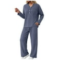thumbnail image 1 of felwors Women 2 Piece Pajamas Sets Long Sleeve Casual Ribbed Lounge Set Fall Pj V Neck Loungewear Outfit Blue, XXL, 1 of 8