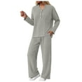 thumbnail image 1 of felwors Women 2 Piece Pajamas Sets Long Sleeve Casual Ribbed Lounge Set Fall Pj V Neck Loungewear Outfit Khaki, L, 1 of 8