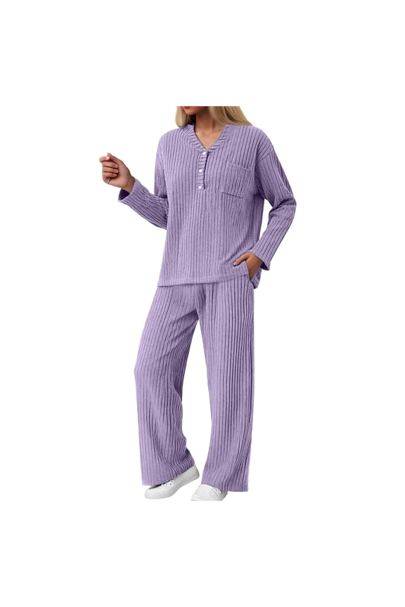 Women 2 Piece Pajamas Sets Long Sleeve Casual Ribbed Lounge Set Fall Pj V Neck Loungewear Outfit Purple, XS