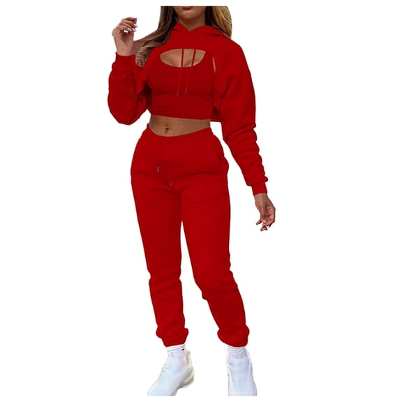 felwors Women 3 Piece Outfits Tracksuits Set Sexy Long Sleeve Pullover Hoodie Tank Crop Tops Jogger Sweatpants Sweatsuits Red, XL