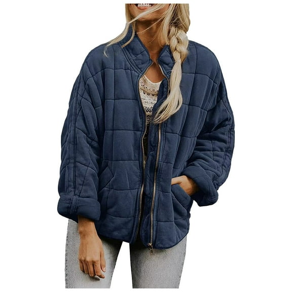 felwors Women Autumn And Winter Casual Solid Color Jacket Loose Pocket Cotton Jacket Zipper Jacket Navy, L
