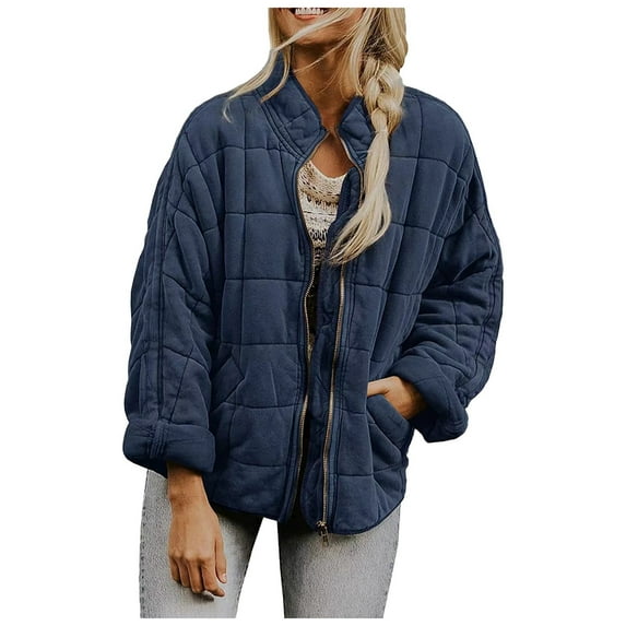 felwors Women Autumn And Winter Casual Solid Color Jacket Loose Pocket Cotton Jacket Zipper Jacket Navy, S