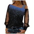 thumbnail image 1 of felwors Women Black Long Shirts Sequin Mesh Tops Print Casual Splice Off Shoulder Cold Loose Sleeve T-Shirt Shiny Blouse Blue, XXL, 1 of 5