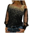 thumbnail image 1 of felwors Women Black Long Shirts Sequin Mesh Tops Print Casual Splice Off Shoulder Cold Loose Sleeve T-Shirt Shiny Blouse Gold, XXL, 1 of 6