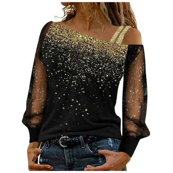 felwors Women Black Long Shirts Sequin Mesh Tops Print Casual Splice Off Shoulder Cold Loose Sleeve T-Shirt Shiny Blouse Gold, XXL