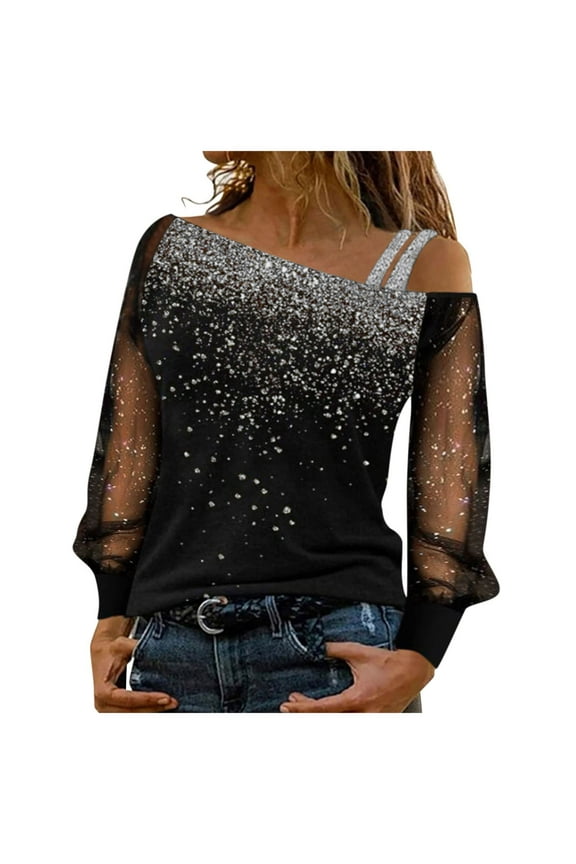 Women Black Long Shirts Sequin Mesh Tops Print Casual Splice Off Shoulder Cold Loose Sleeve T-Shirt Shiny Blouse Silver, L