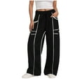 thumbnail image 1 of felwors Women Casual Fashion Solid Color Splicing Loose Casual Summer Wide Leg Pants Drawstring Waist Casual Pants With Pockets Black, XL, 1 of 5