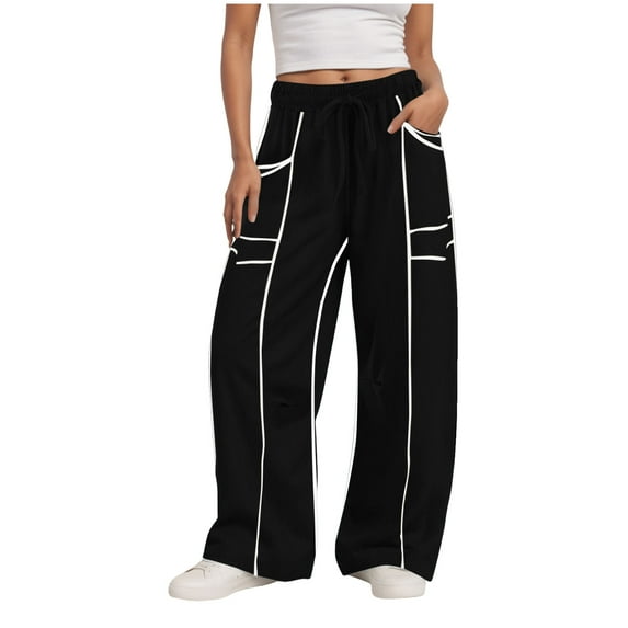 felwors Women Casual Fashion Solid Color Splicing Loose Casual Summer Wide Leg Pants Drawstring Waist Casual Pants With Pockets Black, XL