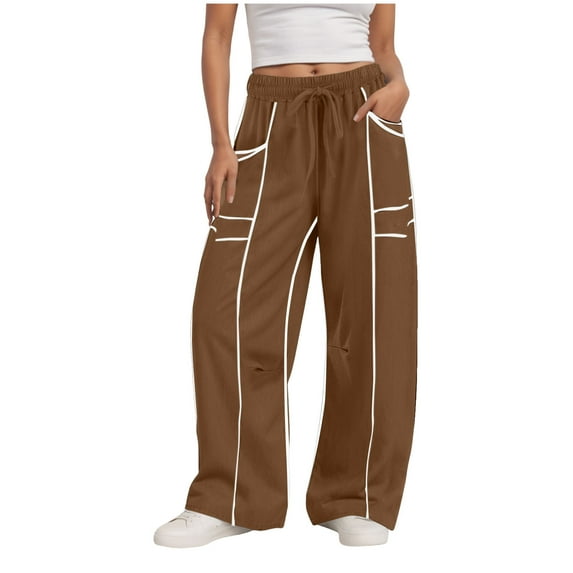 felwors Women Casual Fashion Solid Color Splicing Loose Casual Summer Wide Leg Pants Drawstring Waist Casual Pants With Pockets Brown, S