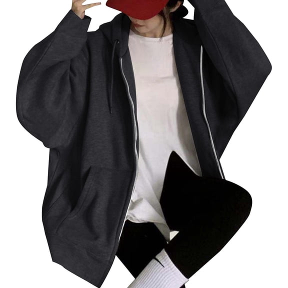 felwors Women Casual Full Zip Up Hoodie Comfy Loose Solid Sweatshirt Long Sleeve Jacket with Pockets Black, L