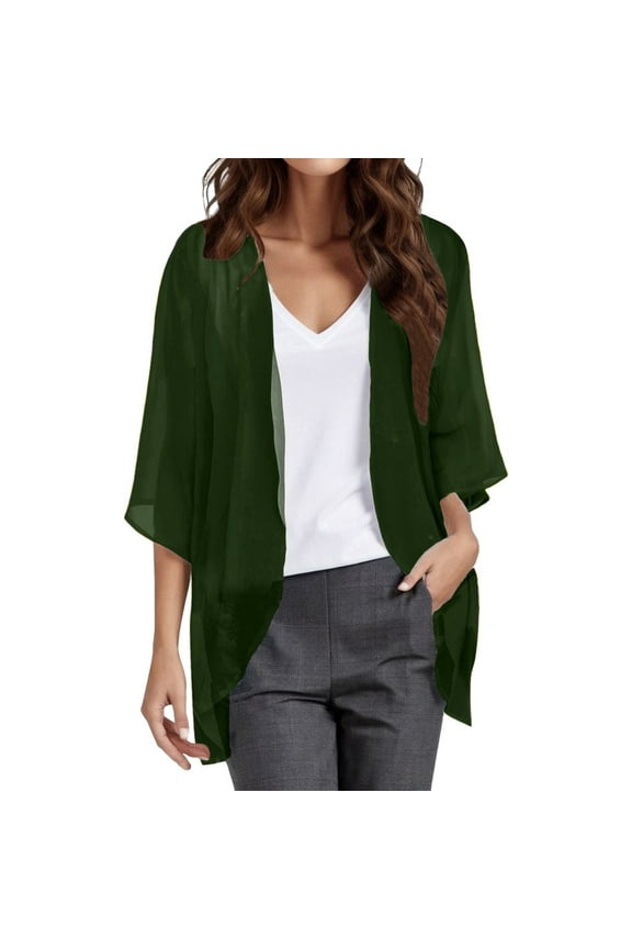 Women Chiffon Kimono Cardigan,Dressy 3/4 Sleeve Chiffon Open Front Lightweight Summer Blouse Tops,Sheer Beach Cover Up AG, S