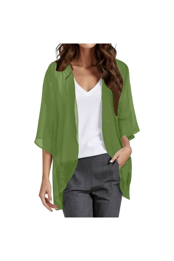 Women Chiffon Kimono Cardigan,Dressy 3/4 Sleeve Chiffon Open Front Lightweight Summer Blouse Tops,Sheer Beach Cover Up Green, L