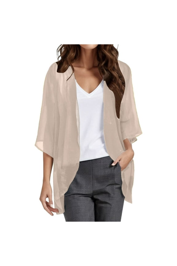 Women Chiffon Kimono Cardigan,Dressy 3/4 Sleeve Chiffon Open Front Lightweight Summer Blouse Tops,Sheer Beach Cover Up Khaki, M
