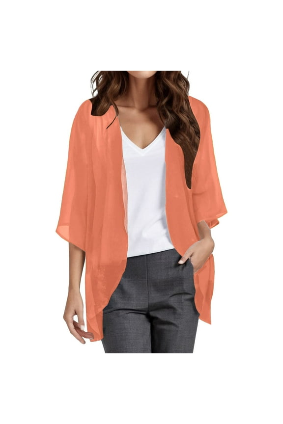 Women Chiffon Kimono Cardigan,Dressy 3/4 Sleeve Chiffon Open Front Lightweight Summer Blouse Tops,Sheer Beach Cover Up Orange, XL