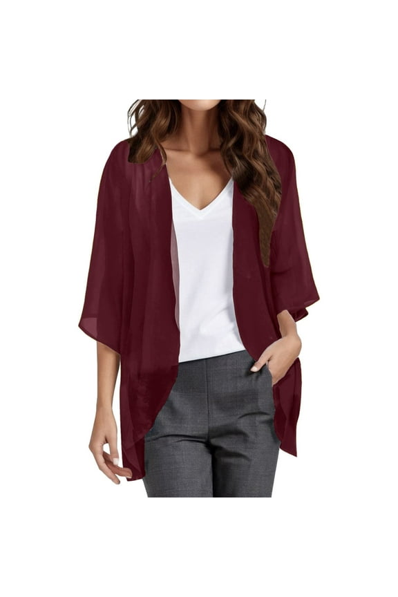 Women Chiffon Kimono Cardigan,Dressy 3/4 Sleeve Chiffon Open Front Lightweight Summer Blouse Tops,Sheer Beach Cover Up Wine, S