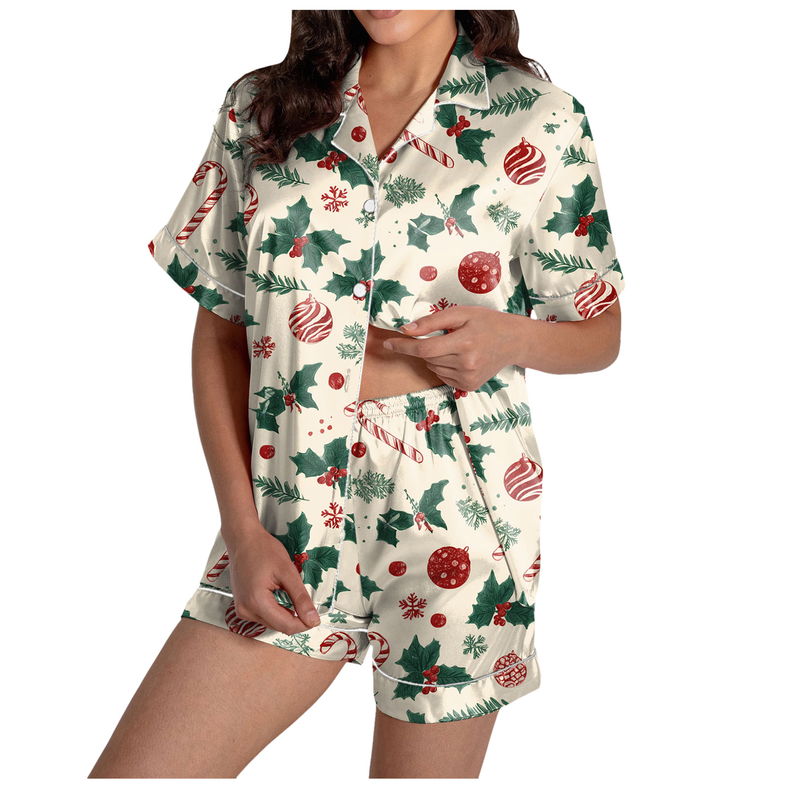 felwors Women Christmas Pajamas Set Silk Satin Short Sleeve Button Down — free download