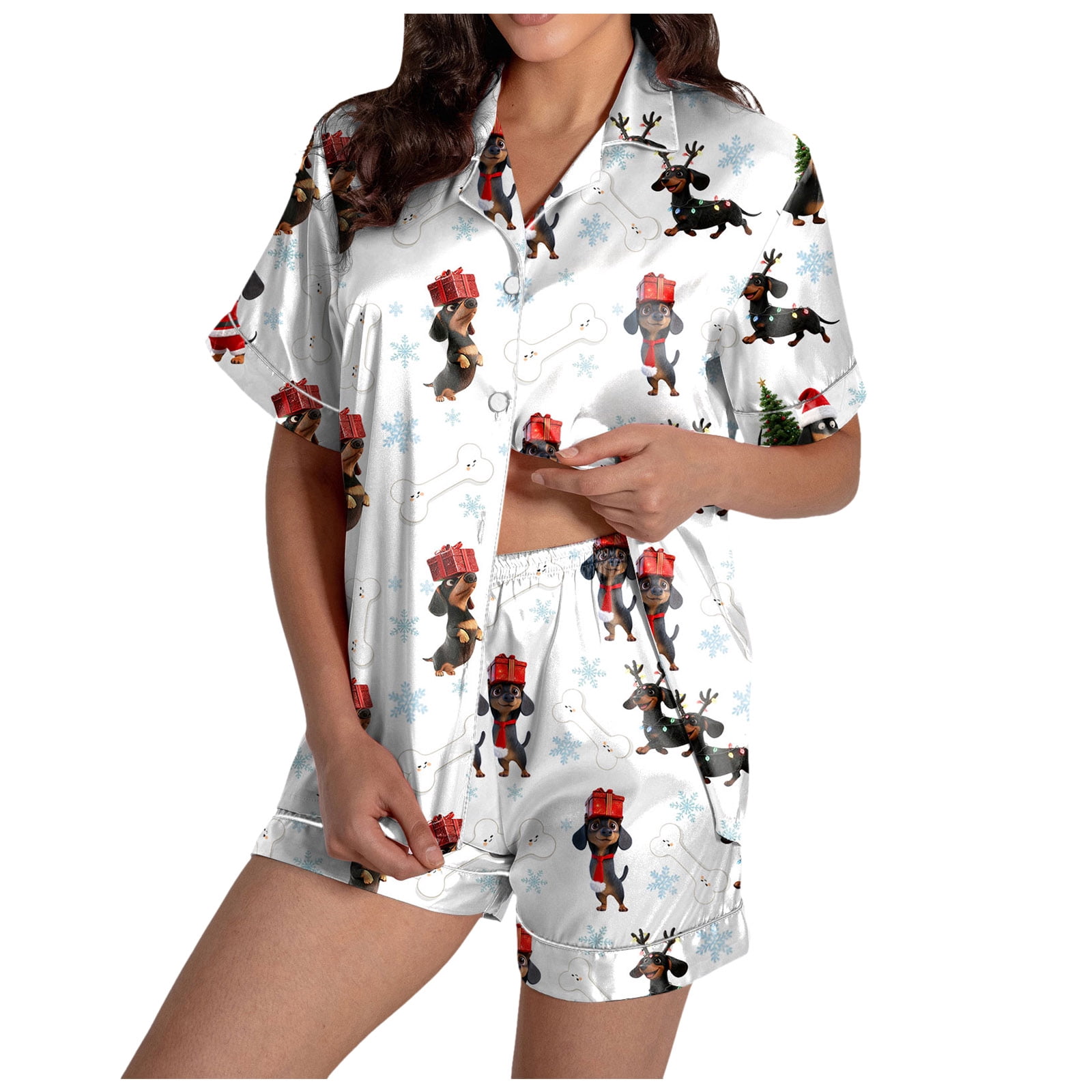 felwors Women Christmas Pajamas Set Silk Satin Short Sleeve Button Down — free download