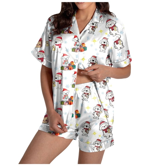 felwors Women Christmas Pajamas Set Silk Satin Short Sleeve Button Down Top and Shorts Plus Size Soft Sleepwear Lounge Xmas Pjs White, XXL