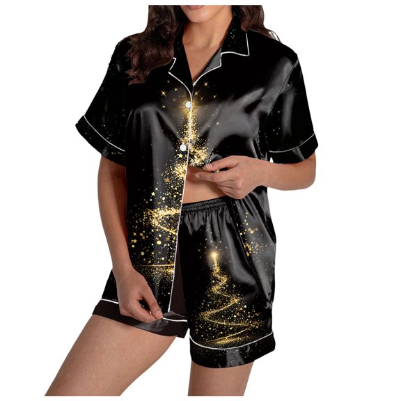 felwors Women Christmas Pajamas Set Silk Satin Short Sleeve Button Down Top and Shorts Plus Size Soft Sleepwear Lounge Xmas Pjs Yellow, XL