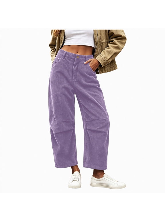 Women Corduroy Pants Mid Rise Barrel Pants Wide Leg Ankle Sweatpants Boyfriend Trousers Cozy Fall 2026 Pockets Crop (Light Purple, XS)