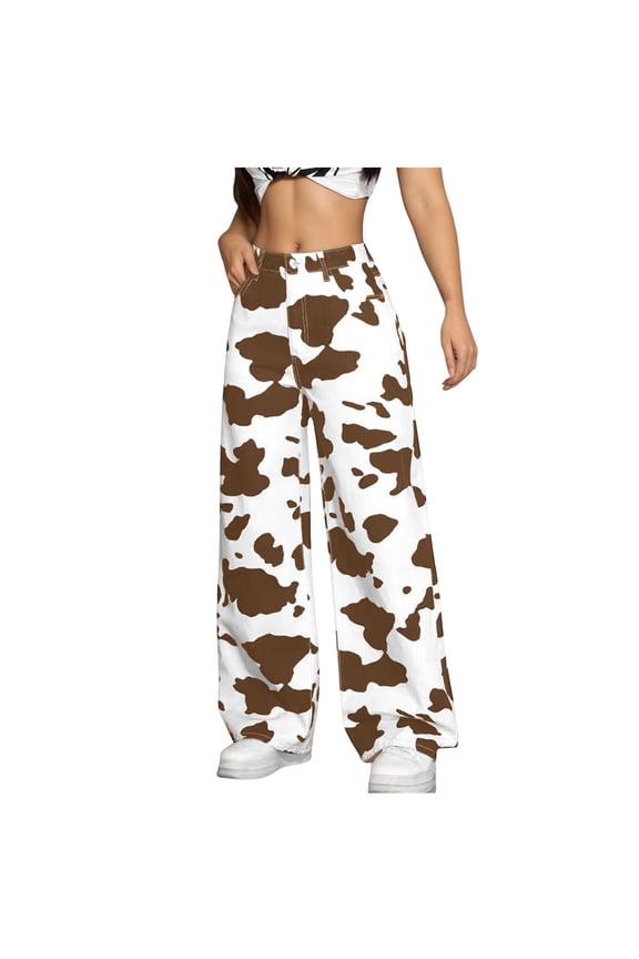 Women Cow Print Wide Leg Pants High Waist Button Fly Loose Jeans Style Brown for Size M