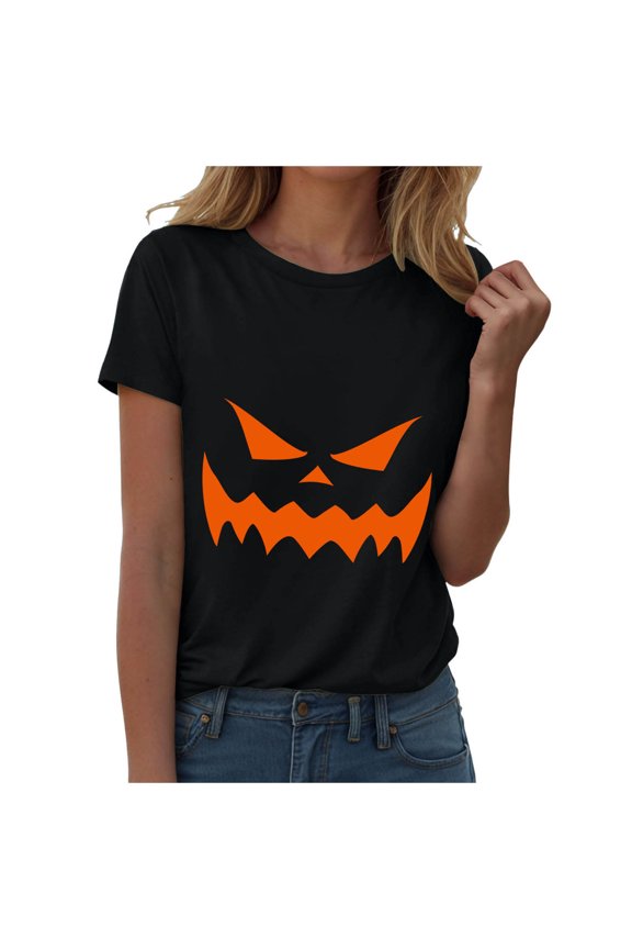 Women Crew Neck Short Sleeve Classic Jack O Lantern Scary Pumpkin Face Halloween Graphic Casual T-Shirt Black for Size M