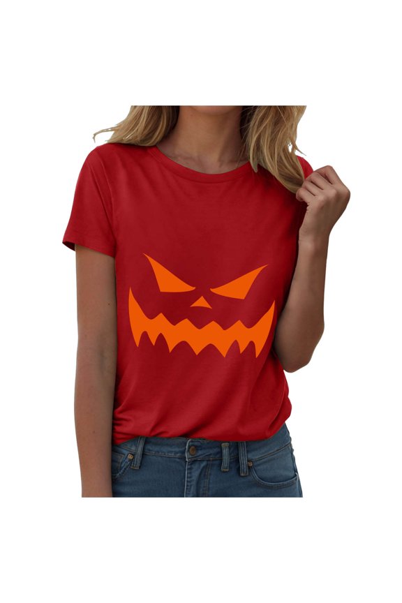 Women Crew Neck Short Sleeve Classic Jack O Lantern Scary Pumpkin Face Halloween Graphic Casual T-Shirt Red for Size M