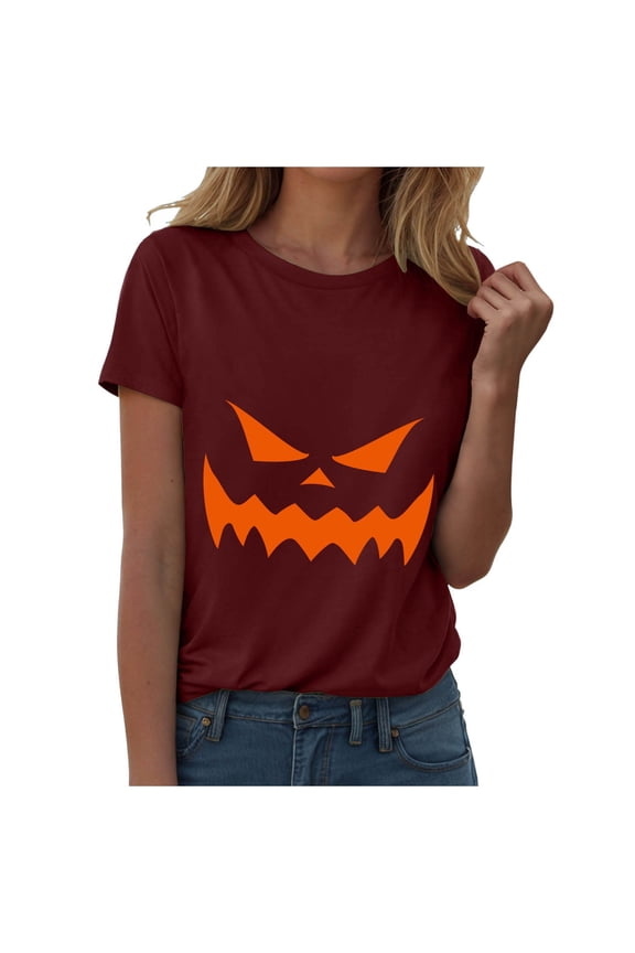 Women Crew Neck Short Sleeve Classic Jack O Lantern Scary Pumpkin Face Halloween Graphic Casual T-Shirt Wine for Size M