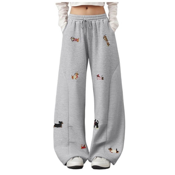 felwors Women Dog Embroidery Sweatpants Cute Print Baggy Joggers Casual Lounge Pants Grey for Size L