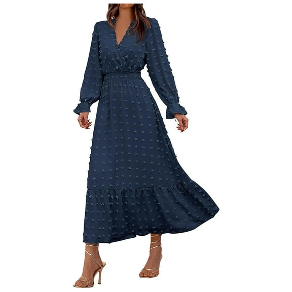 felwors Women Fall Maxi Dresses 2025 Long Sleeve V Neck Swiss Dots High Waisted A-Line Ruffle Boho Long Dress Vacation Dark Blue, L