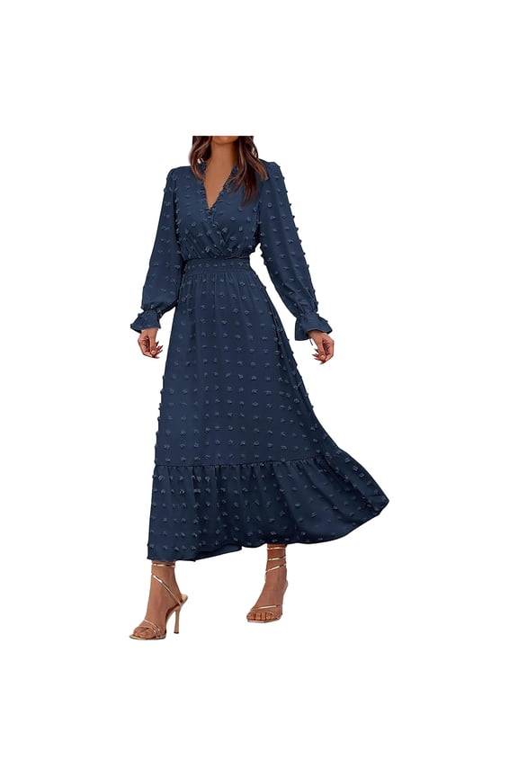 Women Fall Maxi Dresses 2025 Long Sleeve V Neck Swiss Dots High Waisted A-Line Ruffle Boho Long Dress Vacation Dark Blue, M